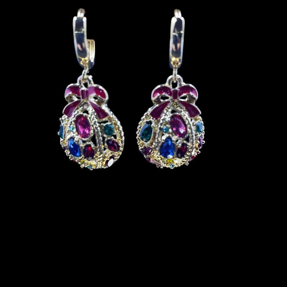 Multicolor Crystal Bow Drop Earrings Gold Statement Glam Vintage Style Jewelry - Picture 3 of 5